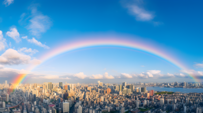 双彩虹照耀城市摄影图