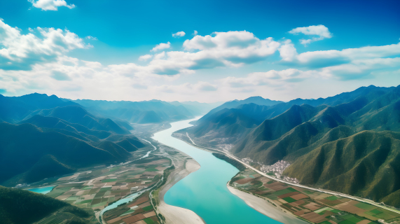 中国宁海峡谷中的鹰河航拍摄影图片