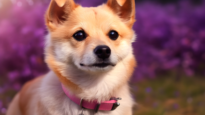紫色草地中的小狗摄影版权图片下载