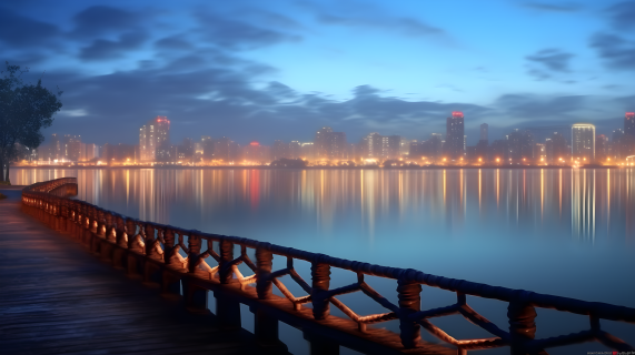 夜光桥与湖泊的城市倒影风景摄影图片