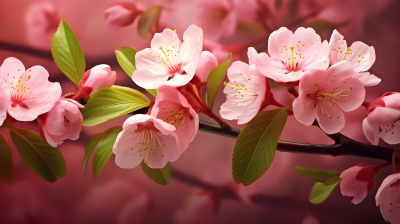 粉樱花和绿叶的摄影图片