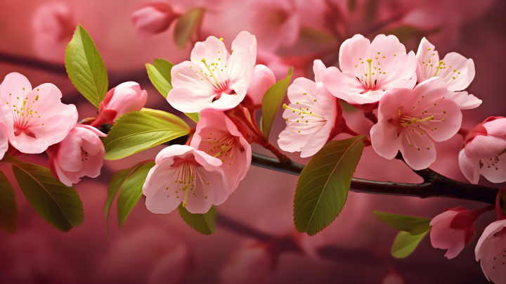 粉樱花和绿叶的摄影版权图片下载