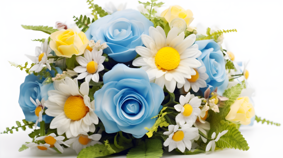 蓝白色的花束黄玫瑰和蓝雏菊摄影图