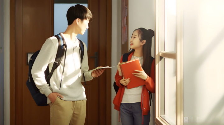 教室门口两名亚洲学生聊天摄影版权图片下载