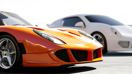 一辆橙色和一辆白色的运动车摄影图