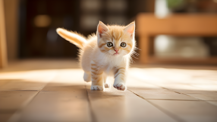 黄白色小猫在木地板上奔跑的摄影版权图片下载