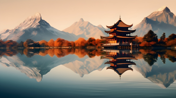 中国山水之美，湖畔亭台摄影图片