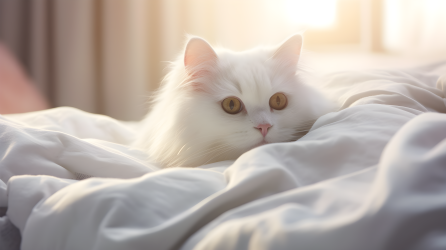 柔和色调白色猫咪躺在床上的摄影图片