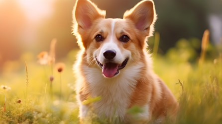 草地上的橙红色犬类摄影图