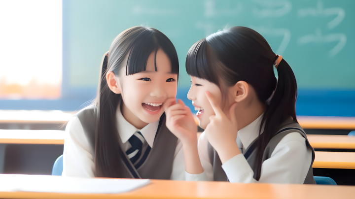 两个亚洲小学女孩在低声交谈的真实风格中摄影版权图片下载