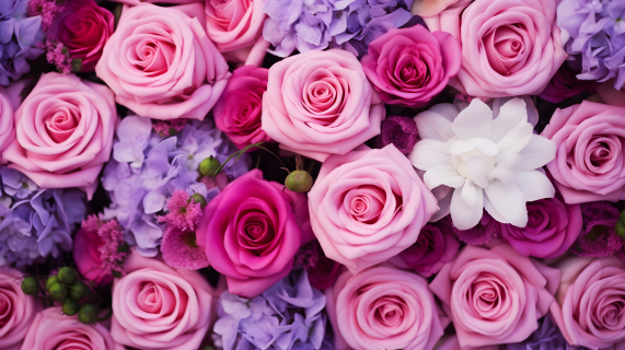 绚丽花束中的粉紫玫瑰摄影图