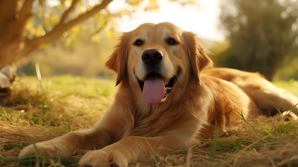 公园里玩耍的金毛微笑摄影图版权图片下载