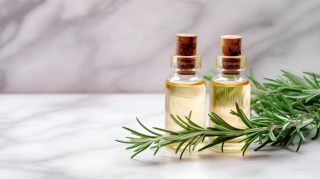 玫瑰叶上的两小瓶精油摄影图片