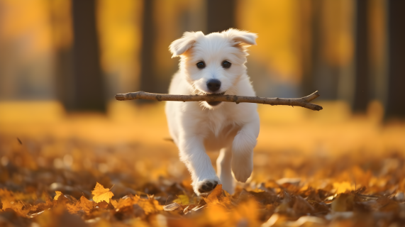 深秋公园中白色犬走过金黄色的景象摄影图