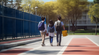 校园篮球场背景下的两名学生摄影图片