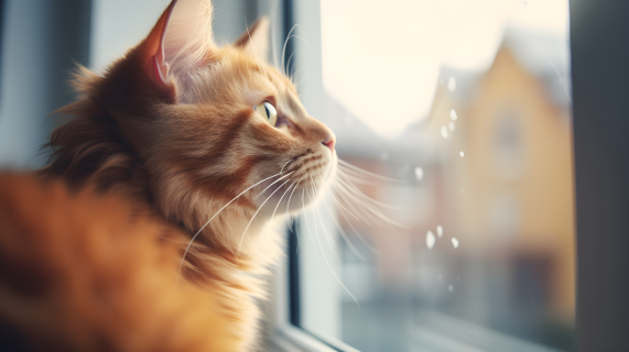 猫咪凝视窗外银橙色风格的摄影图片