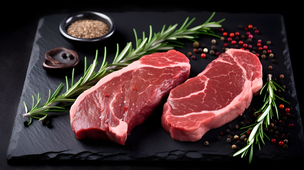 玫瑰香草风味的木制托盘上的肉块摄影版权图片下载