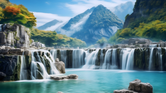 远山与元九天碧湖上的风景瀑布摄影图