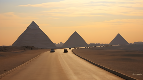 吉萨金字塔中央的汽车环保意识摄影图片
