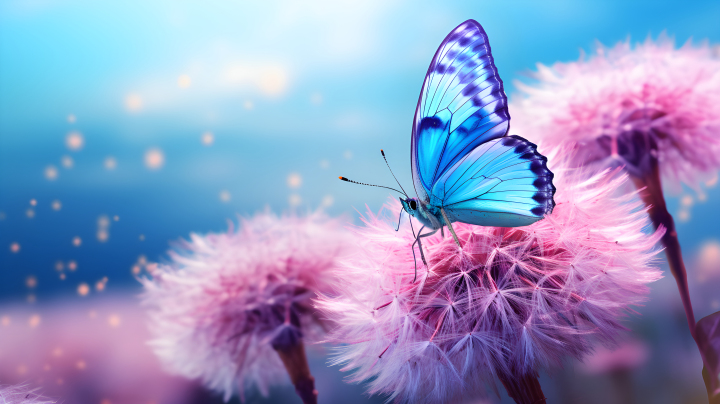 天蓝紫丁香上的蓝蝴蝶摄影图版权图片下载