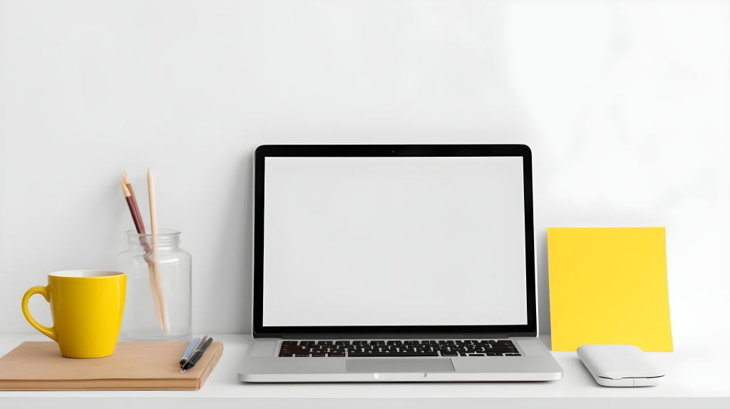 白色桌面上的笔记本电脑和杯子摄影图片