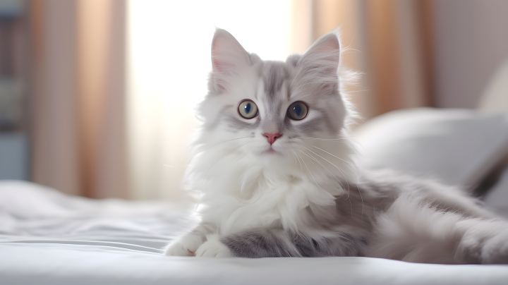 柔和浅色调的灰白猫在床上摄影图版权图片下载