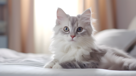 柔和浅色调的灰白猫在床上摄影图