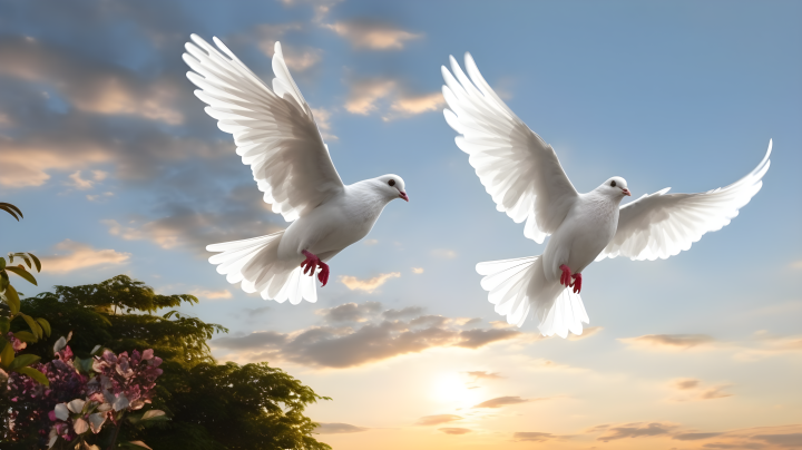 天空飞翔的两只白鸽摄影版权图片下载