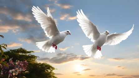 天空飞翔的两只白鸽摄影图片