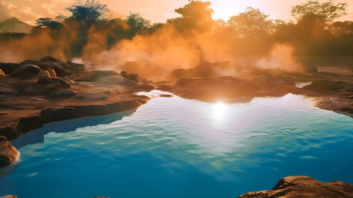 非洲风情的蒸汽升腾的热水池摄影版权图片下载