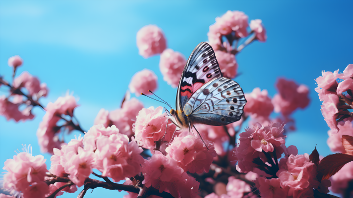 蓝天下粉色花朵上的黄紫色蝴蝶摄影图版权图片下载
