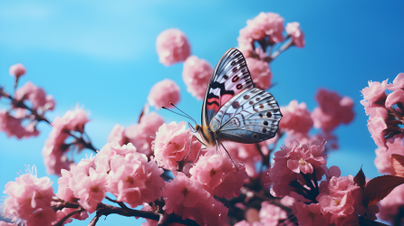 蓝天下粉色花朵上的黄紫色蝴蝶摄影图