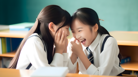 明亮教室中的两位亚洲小学女生窃窃私语摄影图片
