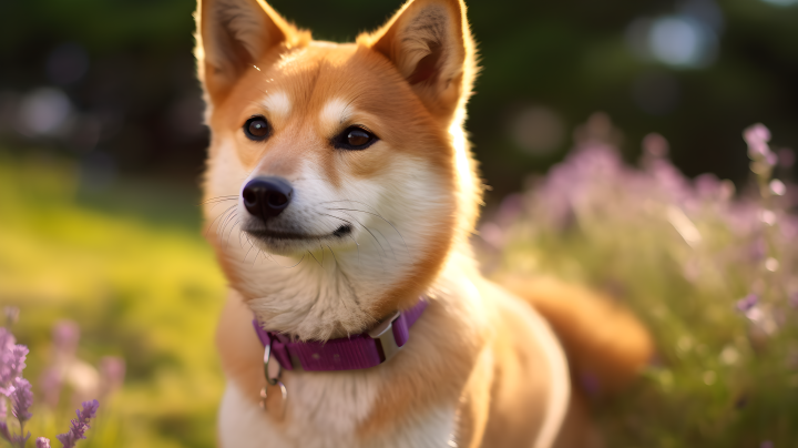 紫色和淡红色风格的小狗与镜头对视的草地摄影版权图片下载