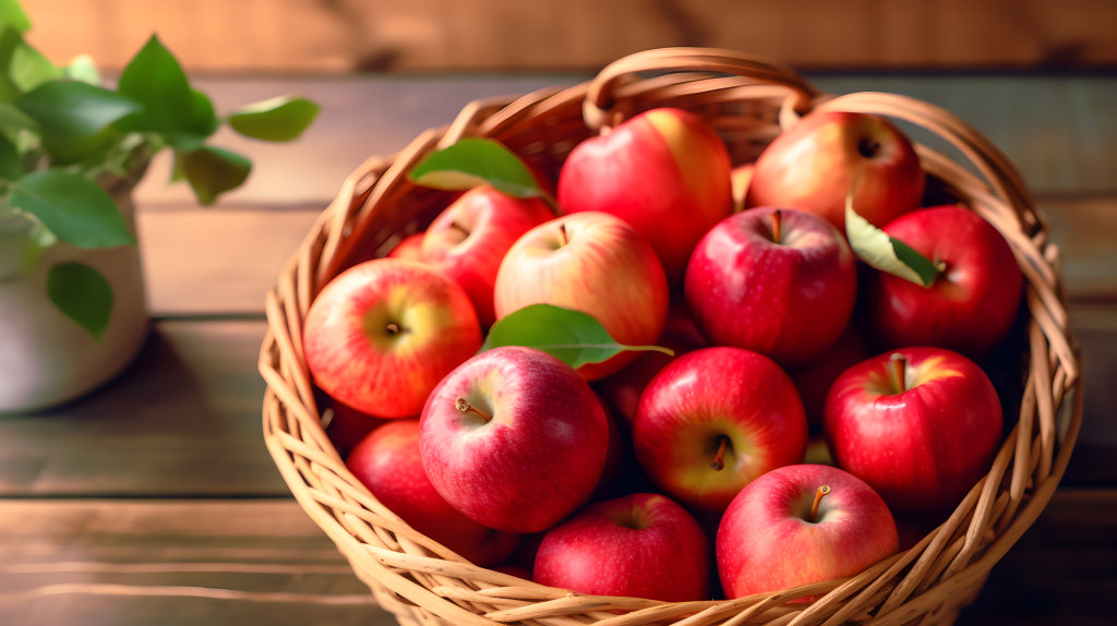柳条编篮中的苹果摄影图片