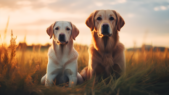 两只拉布拉多猎犬坐在草地上的摄影图片