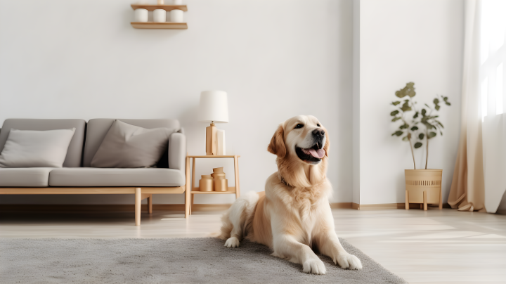 灰米色与白色的金毛犬在客厅中的摄影版权图片下载
