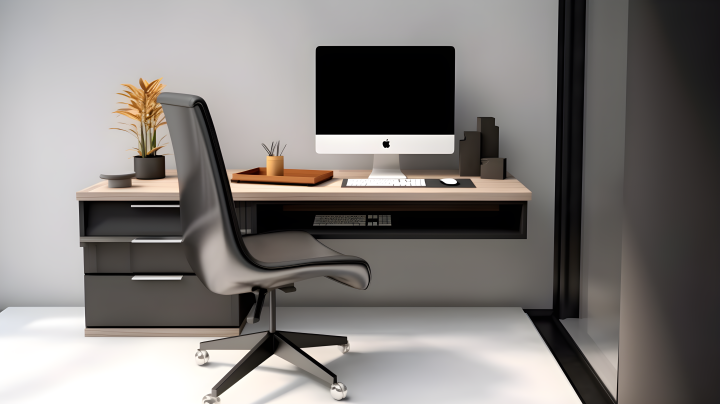 现代电脑桌与黑色椅子中性色调风格的摄影版权图片下载