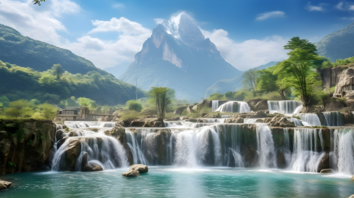 远山与远久天蓝湖的风景瀑布摄影图版权图片下载