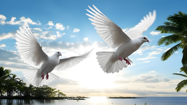 天空中飞翔的两只鸽子摄影版权图片下载