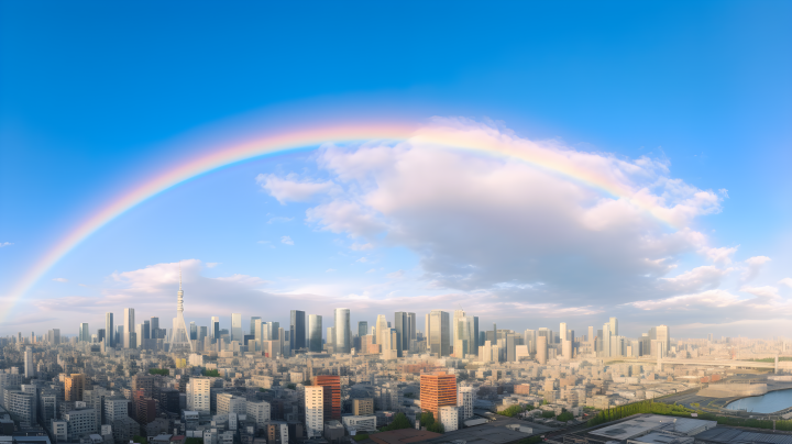 双彩虹照耀城市摄影图版权图片下载