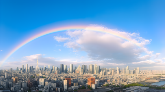 双彩虹照耀城市摄影图