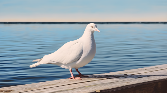 湖边木凳上的白鸽摄影图