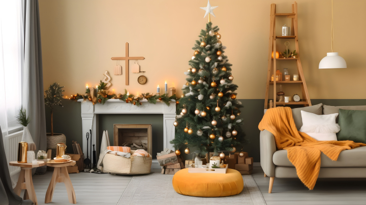 圣诞树与壁炉的摄影版权图片下载