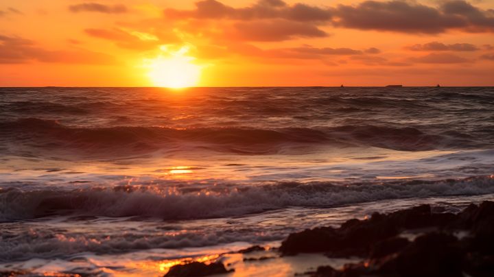 落日余晖，海洋与岸边火山融合的摄影图版权图片下载