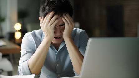 工作中的亚洲男子面对着笔记本电脑的压力摄影图片