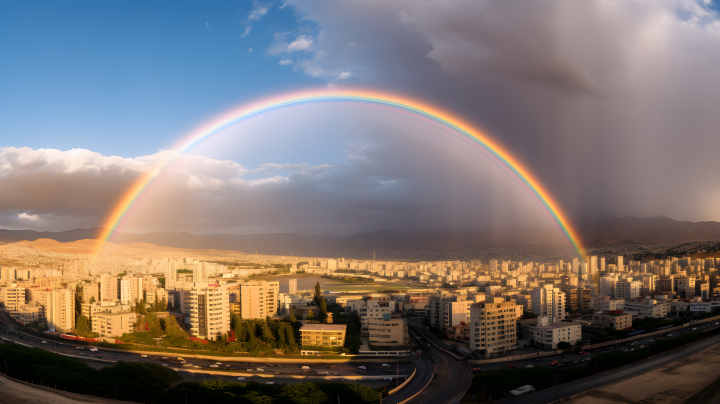 城市双彩虹照亮着摄影图版权图片下载