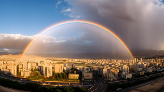 城市双彩虹照亮着摄影图