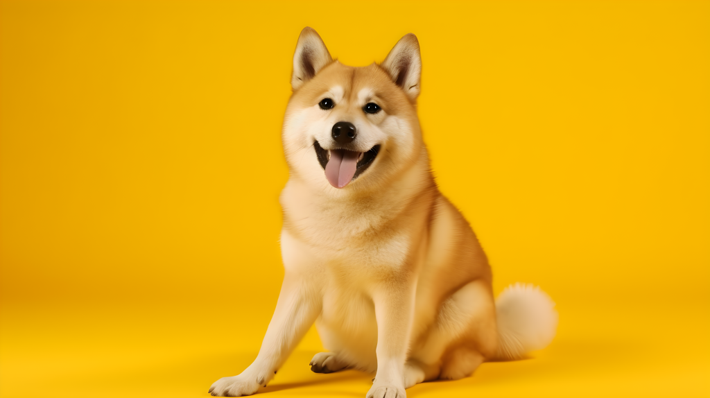 黄色背景下的可爱秋田犬摄影图片