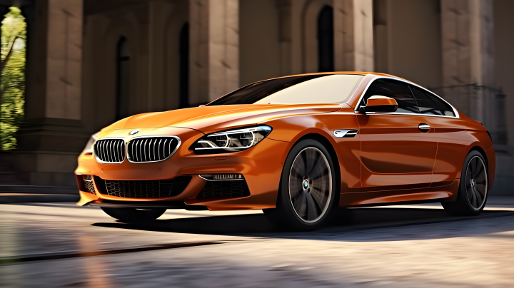 宏观写实摄影图：橙色和青铜的BMW 6系沿路行驶版权图片下载